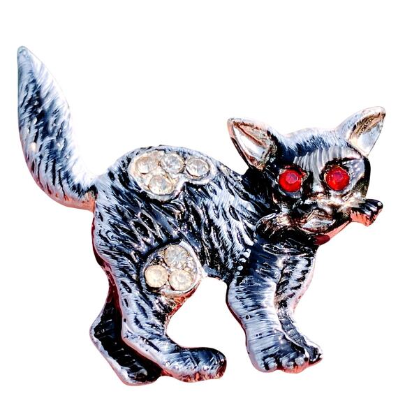 VTG Enamel Black Cat Brooch Red Rhinestone Eyes Halloween Creepy Cute Pin - Picture 1 of 8